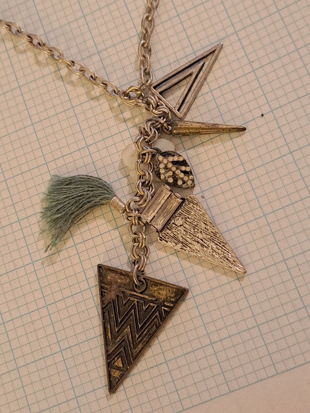 American Eagle Outfitters Silver-Tone Geometric Charm Necklace with Sage Tassel